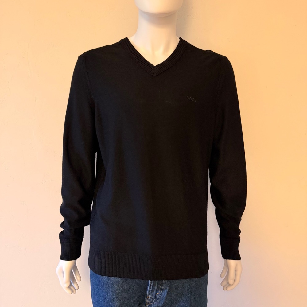 Hugo Boss Mens V-Neck Knit Long Sleeve‎ Sweater Black Embroidered Logo Size XXL